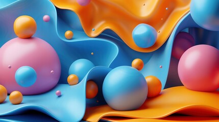 Poster - Colorful geometric shapes in fluid abstract 3d rendering image. Playful art in blue and orange colors wallpaper realistic. Abstraction arrangement concept idea, conceptual photo