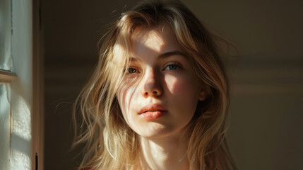 Wall Mural - Portrait of young woman in natural light indoors