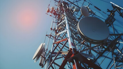 Antenna tower of telecommunication and Phone base station with TV and wireless internet antennas