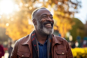 Wall Mural - Portrait of a blissful afro-american man in his 50s wearing a trendy bomber jacket over bright and cheerful park background