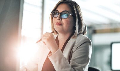 Poster - Businesswoman, thinking and reading on computer for research, information and glasses in office. Female lawyer, idea and review details on internet for planning, legal advice and strategy for case