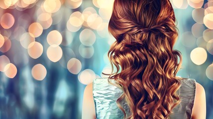 a beautiful girl portrait with stunning curly long shiny brown hair, seen from the back