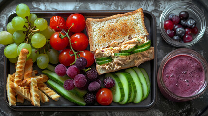 A healthy school lunch box with a tuna salad sandwich, cucumber sticks, cherry tomatoes, a bunch of grapes, and a smoothie made from mixed berries