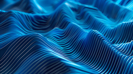 Poster - abstract blue background with lines and waves, 3d render illustration,A captivating abstract composition of blue frequencies against a dark backdrop,Shiny blue wave texture background
