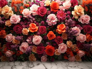 Wall Mural - roses wall with vibrant colors and lush texture, against a marble background.