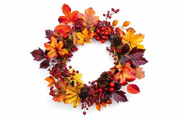Wall Mural - wreath of fall leaves and berries on white background