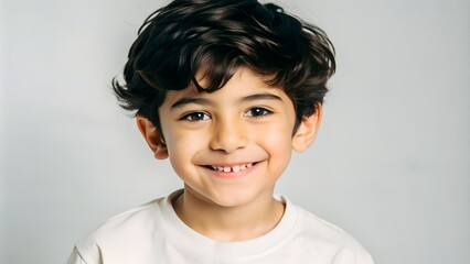 Portrait of a boy dark hair with brown eyes in a white T shirt smiling. Creative banner. Copyspace image