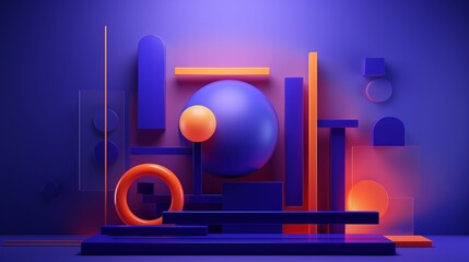 Aufkleber - vibrant geometric shapes in neon light 3d rendering image. dynamic composition in orange and dark bl