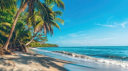 Wall Mural - Sunny beach with palm trees and clear blue sky