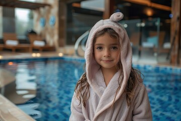 A charming young girl wrapped in a hooded towel stands by a swimming pool, looking calm and content