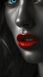 © Simon - Close-up portrait, dramatic woman face, blue eye detail, red lips, black and white effect, high-contrast image, grayscale, artistic composition