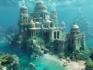 underwater scene featuring a series of ancient ruins, including columns and domes, surrounded by coral and marine life.