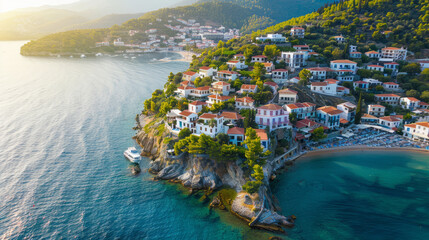 Drone view of Mediterranean coastline with scenic seaside village