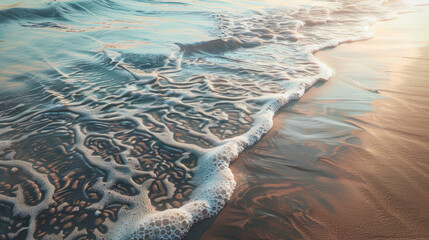 Wall Mural - Serene ocean waves gently washing onto a sandy beach at sunset