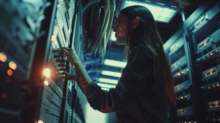 Poster - A low-angle shot of a female technical staff member working on a server rack in a data center