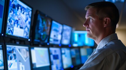 Poster - A data protection officer carefully assesses existing security measures in a corporate office setting