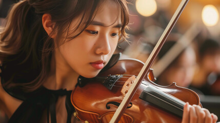 Young talented Asian musician violinist playing violin in a large concert hall.