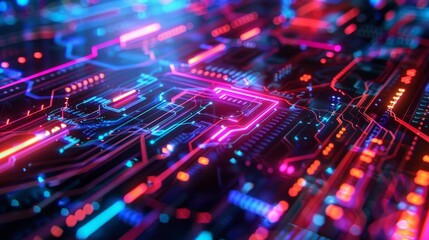 Fototapete - A close-up abstract image of a circuit board with vibrant neon lights and geometric shapes. The image is a modern and futuristic representation of technology