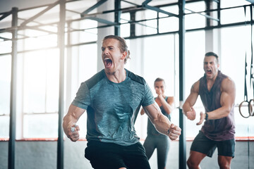 Wall Mural - Exercise, man and shout to celebrate success in workout class, fitness and training goals. Sports, people and happiness for power challenge, winner or performance achievement at health club or gym