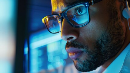 Poster - Data privacy officer wearing glasses conducting security audit in dimly lit office, intensely focused on protecting sensitive information