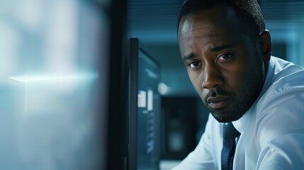 Poster - A Data Privacy Officer conducts a security audit, scrutinizing protocols on a computer monitor in an office environment