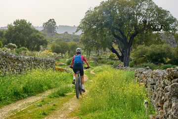 Wall Mural - active senior woman cycling with her electric mountain bike in the rough landscape of National Parc Serra de São Mamede near Marvao in central Portugal, Europe
