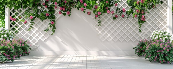 Sunny garden with white wooden trellis covered with beautiful pink roses climbing