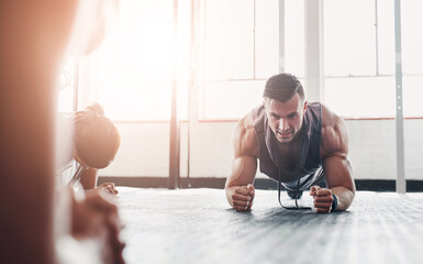 Poster - Man, gym and plank exercise for fitness in health club, wellness workout and strength for muscles with male person. Challenge, body and core power for abdominal training, determination and serious