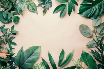 Wall Mural - frame in the middle with colourful diffrent leaves on a beige background