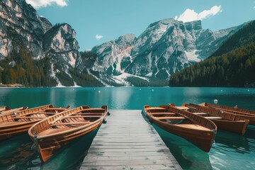 Wall Mural - Two boats docked at a lake dock with mountains in the background