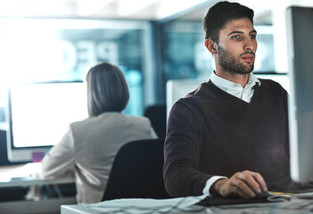 Aufkleber - Computer, reading email and business man in office for budget planning, research or report. Pc, financial consultant and internet for information, networking or working on investment project online