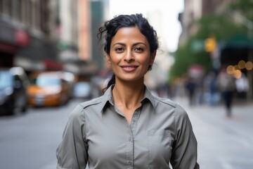 Wall Mural - Portrait of a tender indian woman in her 40s sporting a breathable hiking shirt over bustling city street background