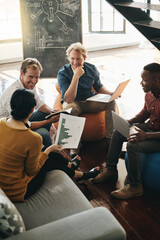 Poster - Business people, documents and meeting with laptop in office for kpi planning, feedback and idea. Budget, tech and data analyst with graph on sofa for sales analysis, teamwork and review of growth