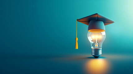 Wall Mural - A glowing bachelor cap and light bulb, representing the fusion of technology and education, on a blue background.