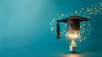 Wall Mural - A bachelor cap and light bulb glowing with digital brilliance, symbolizing the future of smart education on a blue background.