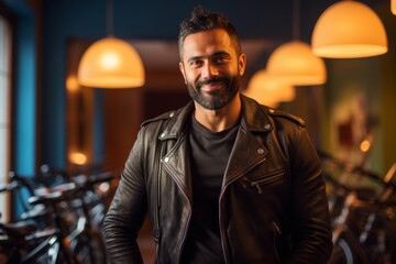 Wall Mural - Portrait of a grinning indian man in his 30s sporting a classic leather jacket isolated on vibrant yoga studio background