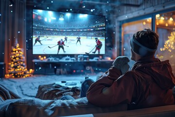 Wall Mural - A viewer is engrossed in a hockey match on TV in a snug room with festive decorations