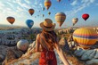 © Pinklife - A traveler admires a vast vista of hot air balloons floating above an extraordinary landscape of eroded rock formations