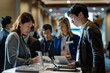 © Ilia Nesolenyi - Attendees at a business event gather around a registration table to check in and receive materials
