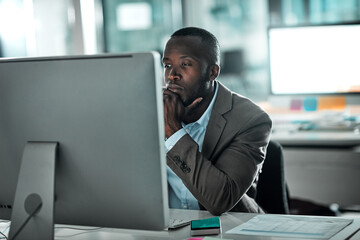 Poster - Computer, thinking and black man in office for planning, research and brainstorming. Idea, decision and internet for information, problem solving and salesman working on business solution for project