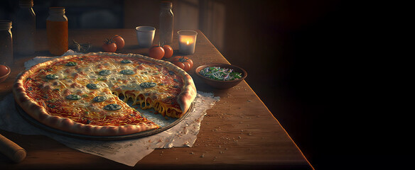Wall Mural - Pizza Capricciosa, sliced, dark background. Traditional Italian cuisine. AI generated.