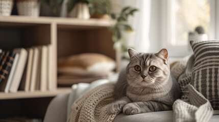 Wall Mural - Scottish Fold cat sitting on a sofa