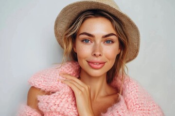 Wall Mural - Young woman with a gentle smile wearing pastel pink knitwear and a beige hat