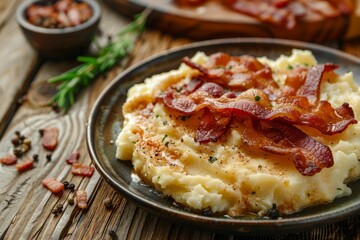 Canvas Print - Close-up of creamy mashed potatoes topped with crispy bacon on a dark plate. Rustic wooden table with scattered herbs in the background