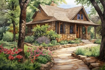 Poster - A charming cottage nestled among trees and flowers in a peaceful garden.