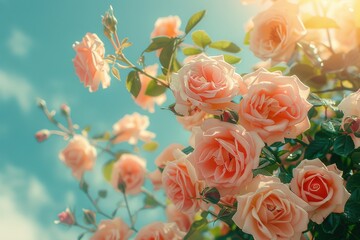 Wall Mural - A beautiful pink flower garden with a blue sky in the background