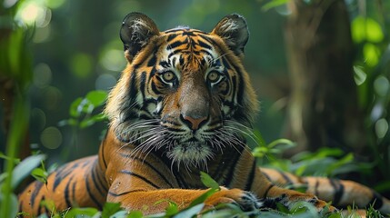 Majestic tiger lying in a lush forest environment