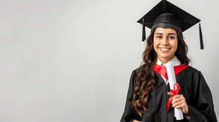 Wall Mural - A confident female graduate student wearing a cap and gown, holding a diploma and smiling at the camera, standing against a solid white background with ample copy space on either side. 