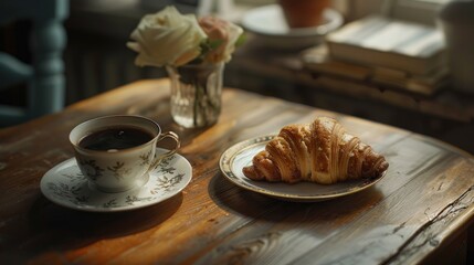 Poster - Morning meal coffee served in a cup and a pastry