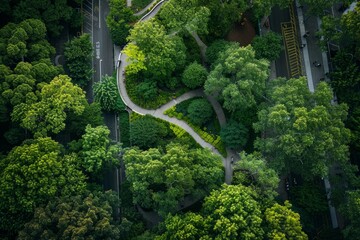 Wall Mural - An overhead view of a city park with a paved walkway meandering through a dense canopy of trees. The park is lush and green, with a variety of tree species